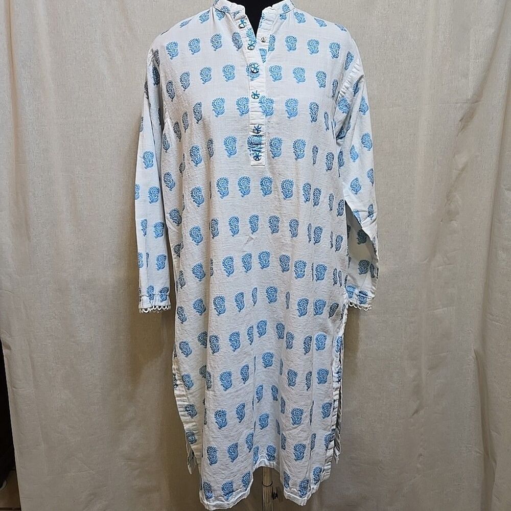 Khaadi Long Sleeve V Neck Kurta Women Size 12 White Blue Floral Cotton Blend